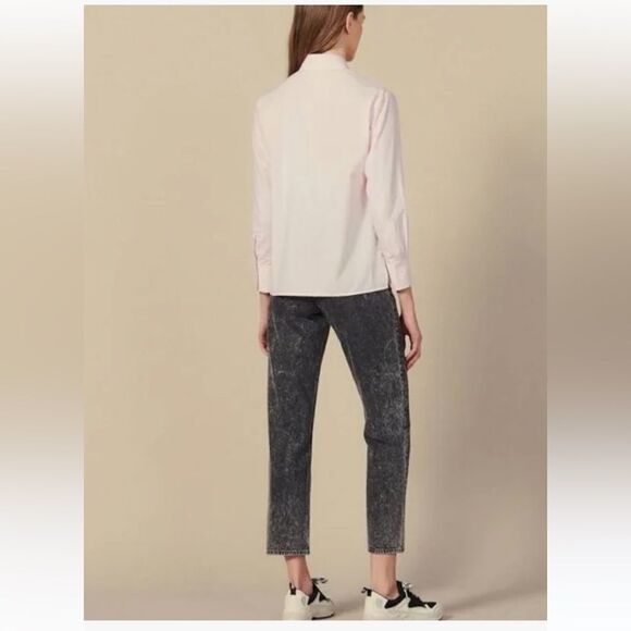 Sandro Women Shirt  French Casual Sz 0 Pink And White Striped Jeweled Button NWT - Picture 5 of 16
